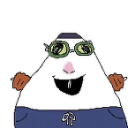 A triangular character with buck teeth and green glasses wearing a mischievous grin.