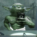 Yoda with an extremely muscular body taking a mirror selfie in a bathroom.