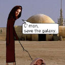 Anakin Skywalker with an elongated body pokes a baby on the ground with a stick in a desert landscape.