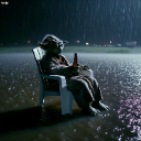 Yoda sitting alone in a plastic chair in the rain holding a beer bottle.