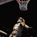 A Clone Trooper in orange and white armor performing a slam dunk into a basketball hoop.