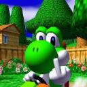 Yoshi looking forward with a mischievous expression while driving a kart.