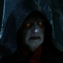 Emperor Palpatine with a dark hood and glowing yellow eyes looking sinister.