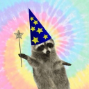 Raccoon wearing a blue wizard hat with yellow stars and holding a star-tipped wand against a colorful tie-dye background.