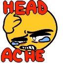 Yellow smiley face with a pained expression holding its head with the red text HEAD ACHE above and below.
