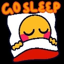 A yellow circular character with closed eyes and blushing cheeks is tucked under a white blanket and red pillow with the tex…