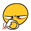 A yellow smiley face with a smug expression and narrowed eyes sipping from a white cup.
