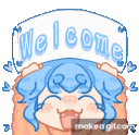 Anime girl with blue hair smiling widely while holding a sign that says Welcome.