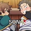 Kazuma and Subaru from anime looking at each other with blushing expressions and a white text overlay saying SON.