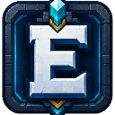 A stone-textured letter E with glowing blue crystal accents on a dark background.