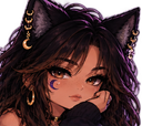 A cat girl with brown hair and cat ears, wearing moon-themed jewelry and a crescent moon mark on her cheek, looking at the...
