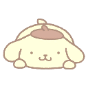 Pompompurin the puppy with a brown beret peeking over a ledge with a happy expression.