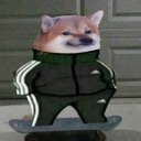 A Shiba Inu dog wearing a black tracksuit with white stripes, standing on a skateboard.