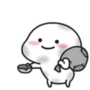 A cute round white character with pink cheeks holding a small bowl and a sack, looking like it is begging.