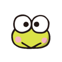 Frog face with large white eyes and pink blush marks on its green cheeks.