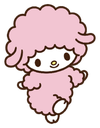A fluffy pink sheep character dancing happily with a cheerful expression.