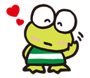 Keroppi the frog looking bashful with a red exclamation mark above its head and a hand scratching its head.