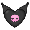 Black heart shape with a pink skull icon featuring heart-shaped eyes in the center.