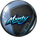A 3D metallic blue sphere with a dark textured center and stylized text, resembling a modern gaming logo.