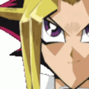 Yugi Muto with a confident smirk and intense purple eyes.