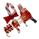 A stylized weapon decorated with red and white candy patterns and a large red ribbon.