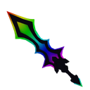 A sharp, pixelated sword with a vibrant rainbow color gradient.
