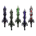 Five distinct fantasy swords arranged in a row against a black background.