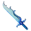 A glowing blue fantasy sword with an ornate hilt angled diagonally.