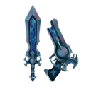 A sword and a pistol with glowing blue accents displayed side by side.