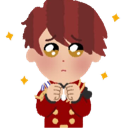 Anime boy with large glistening eyes and a bashful expression surrounded by small yellow sparkles.