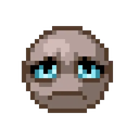 A round, brown pixelated face with large, sad blue eyes and a flat, unimpressed mouth.