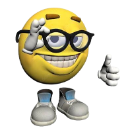 Smiley face with thick black glasses and a wide grin, gesturing with its hands while wearing gray sneakers.