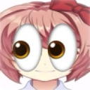 Anime girl with pink hair and a red bow staring forward with comically oversized brown eyes.