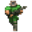 Pixelated soldier in green armor standing in a combat stance.
