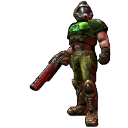 Doomguy stands in green armor holding a large shotgun.