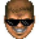 A pixelated soldier face wearing black sunglasses with a wide, mischievous grin.