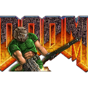 A pixelated soldier in green armor holds a shotgun in front of a fiery orange logo.