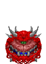 Cacodemon monster bouncing and opening its mouth to reveal a blue energy core.