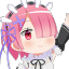 Anime girl with pink hair smiling and waving her hand.