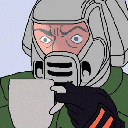 A soldier in tactical gear holding a mug and looking on with a suspicious expression.