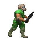 A green armored soldier walking forward while holding a black weapon.