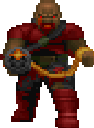 A pixelated soldier in red armor fires a glowing weapon that erupts with orange flames.