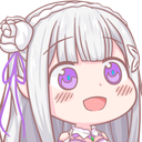 A chibi anime girl with long white hair and bright purple eyes smiling broadly with a look of joyful surprise.