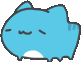 A small, round blue creature with a white belly wiggling happily.