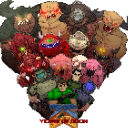 Doomguy standing in the center of a dense, chaotic cluster of various pixelated Doom monsters.