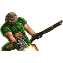 A pixelated marine in green armor firing a shotgun with a muzzle flash.