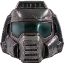 A metallic combat helmet with a dark visor and reinforced plating.