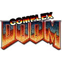 The word COMPLEX in small white letters above the word DOOM in large, metallic, orange-red 3D block letters against a black …