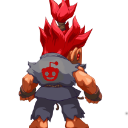 A muscular fighter with spiky red hair stands with their back turned, wearing a dark outfit featuring a red robot icon.