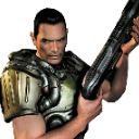 A soldier in green armor stares intensely while holding a large firearm.